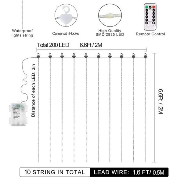 echosari Curtain String Lights 200 LED Battery Operated Remote Wedding Decor - Picture 6 of 8